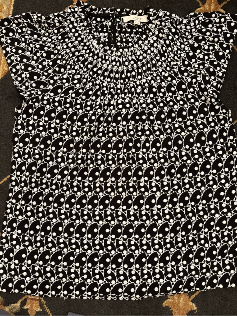 LOFT Black and White Embroidered Cap Sleeve Blouse